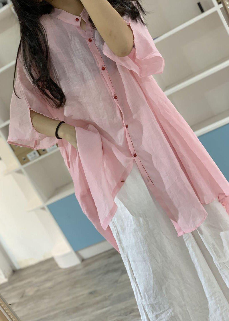Asymmetric Hem Linen Clothes Christmas Gifts Pink Stand Collar Shirt Dresses