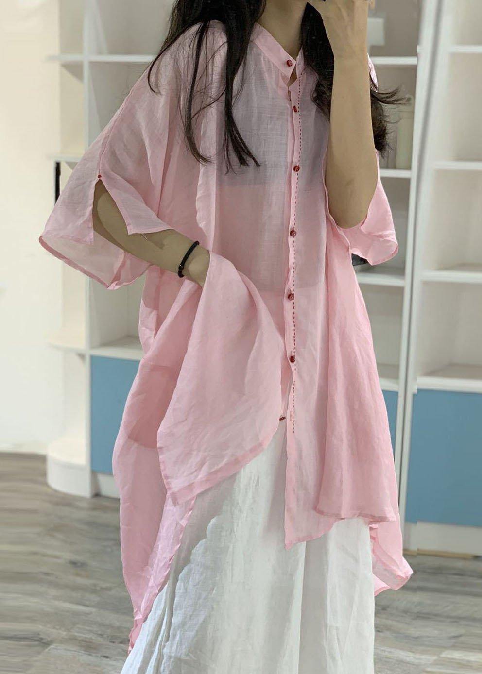 Asymmetric Hem Linen Clothes Christmas Gifts Pink Stand Collar Shirt Dresses
