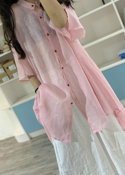 Asymmetric Hem Linen Clothes Christmas Gifts Pink Stand Collar Shirt Dresses