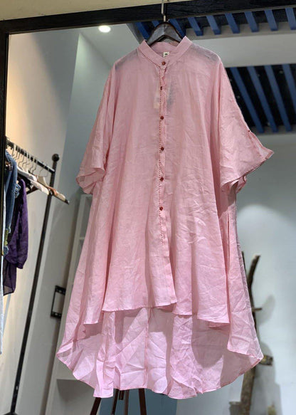 Asymmetric Hem Linen Clothes Christmas Gifts Pink Stand Collar Shirt Dresses