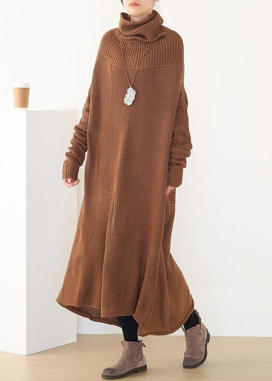 Back Open Sweater High Neck Dress Outfit Drak Brown Daily Knit Dresses