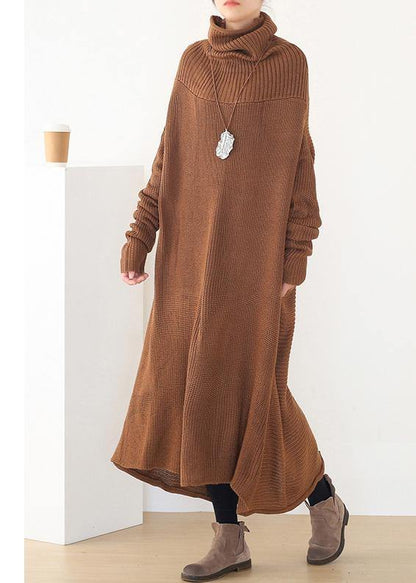 Back Open Sweater High Neck Dress Outfit Drak Brown Daily Knit Dresses
