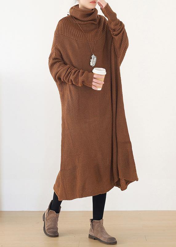 Back Open Sweater High Neck Dress Outfit Drak Brown Daily Knit Dresses