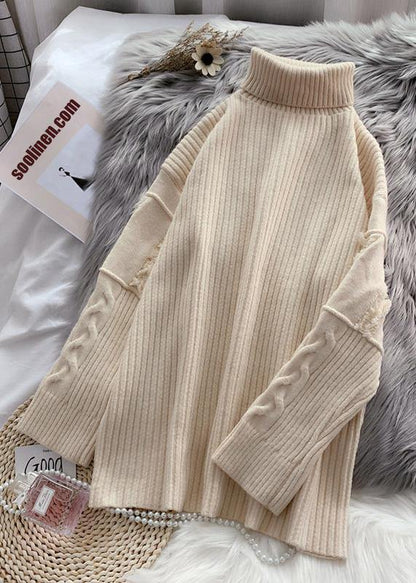 Beige Sweater Wardrobes Refashion Wild Tunic High Neck Sweater
