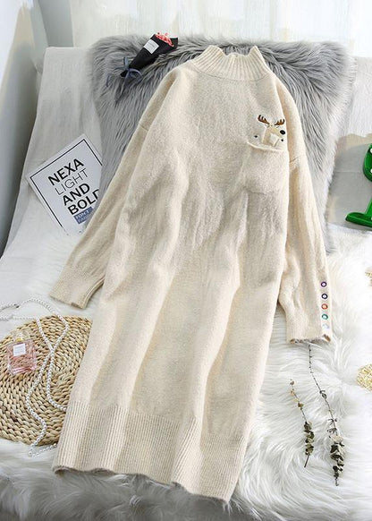 Beige Sweater Dresses Largo Half High Neck Daily Wild Knit Dresses