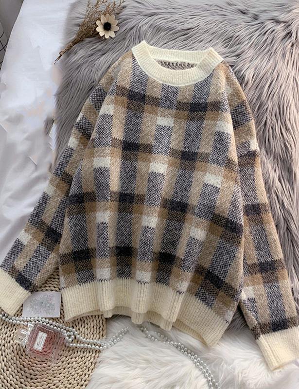Beige Crane Tops Warm Plaid Knit Sweat Tops