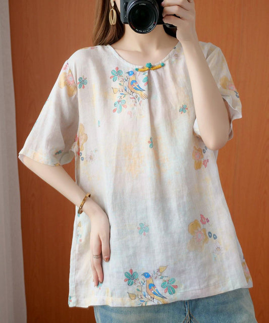 Beige Gray Print Blouses O Neck Silhouette Top