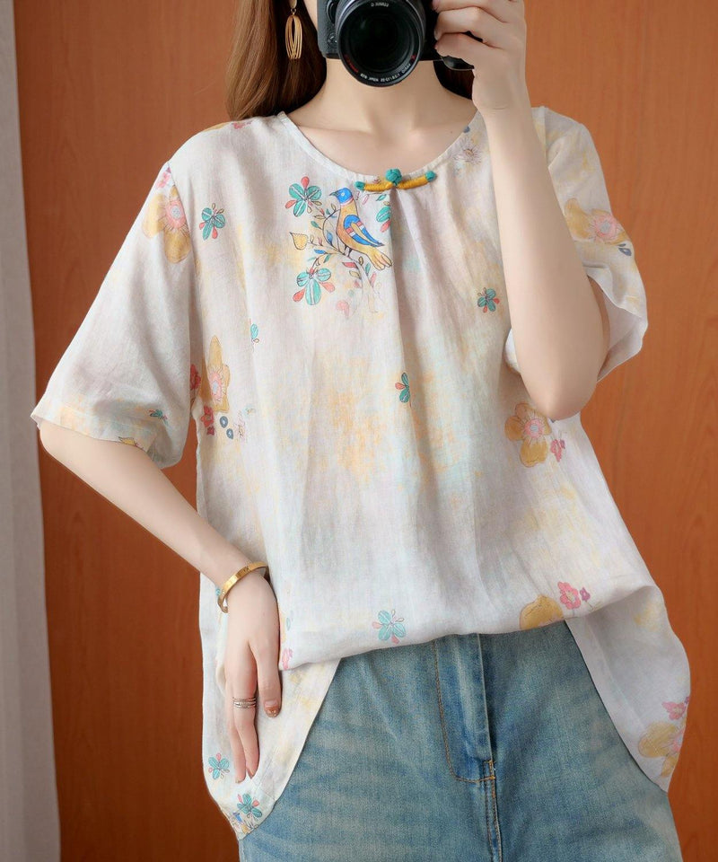 Beige Gray Print Blouses O Neck Silhouette Top