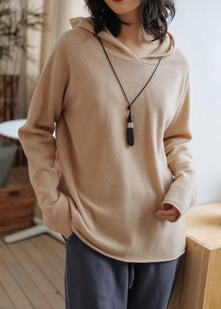 Beige Knit Tops Fall Hooded Baggy Knitted Top