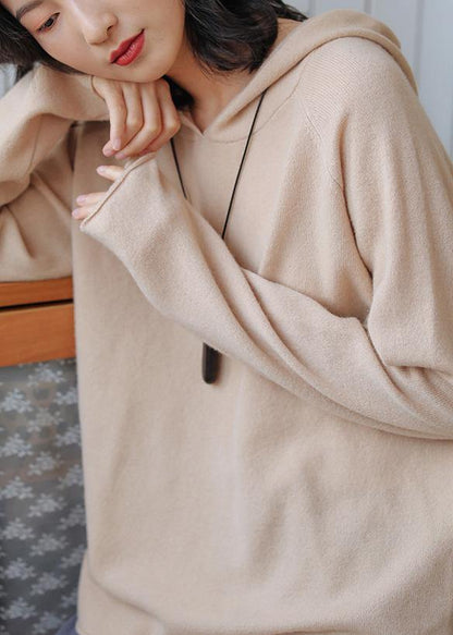 Beige Knit Tops Fall Hooded Baggy Knitted Top