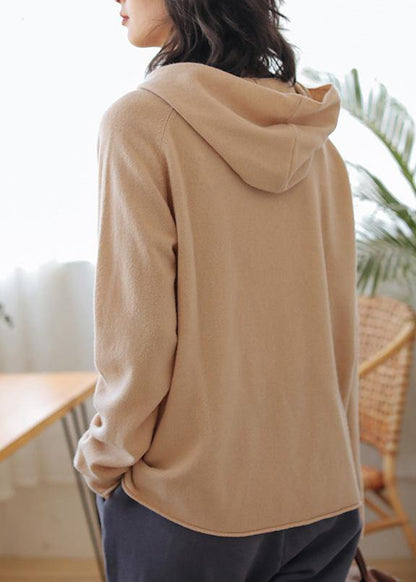 Beige Knit Tops Fall Hooded Baggy Knitted Top