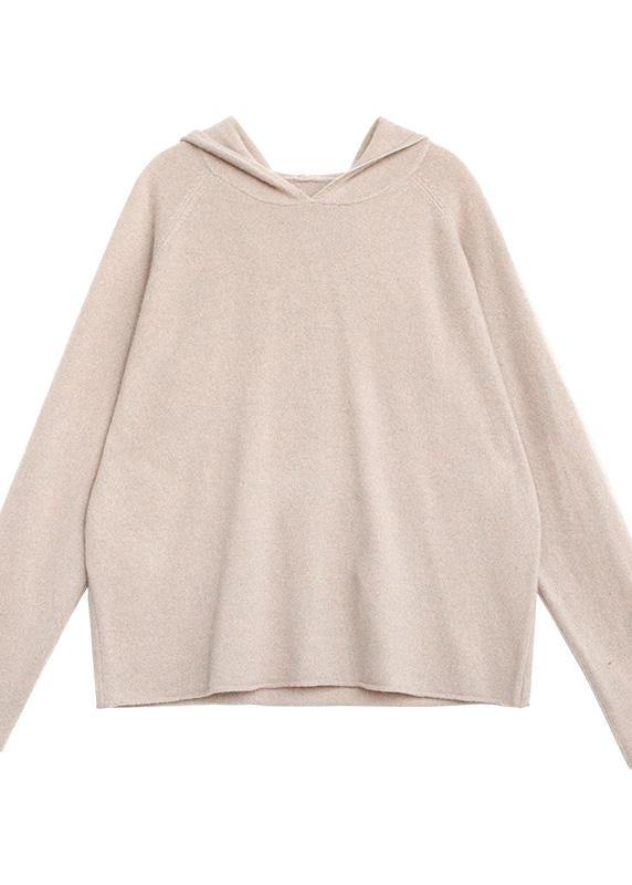 Beige Knit Tops Fall Hooded Baggy Knitted Top
