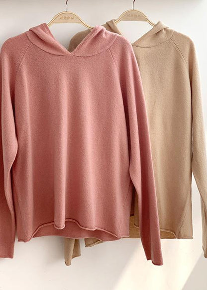 Beige Knit Tops Fall Hooded Baggy Knitted Top