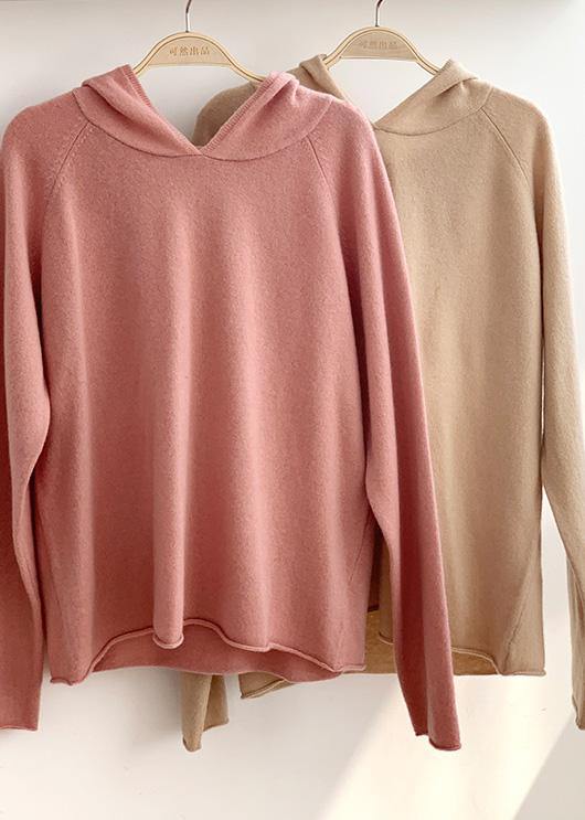Beige Knit Tops Fall Hooded Baggy Knitted Top