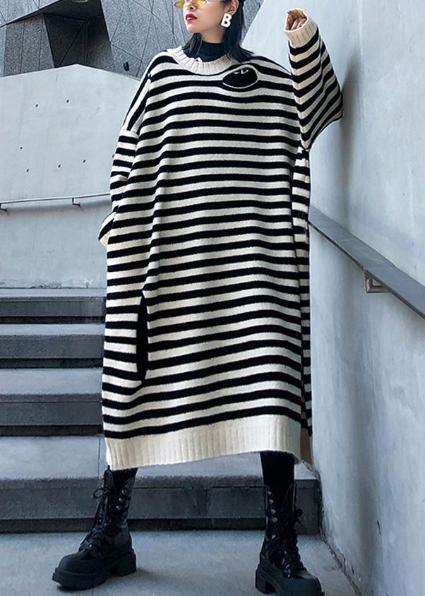 Beige Striped Sweater Outfits Design O Neck Hole Diy Sweater Dresses