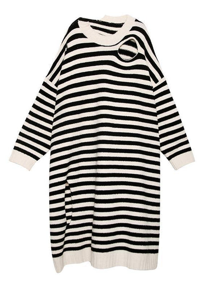 Beige Striped Sweater Outfits Design O Neck Hole Diy Sweater Dresses