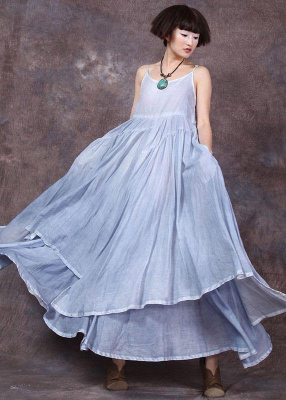 Big Hem Linen Clothes Tunic Tops Blue Sleeveless Dress Summer