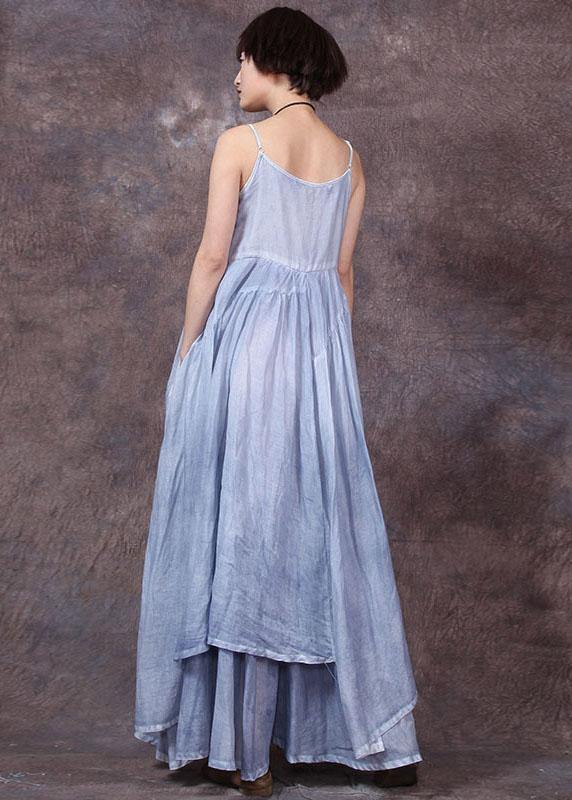 Big Hem Linen Clothes Tunic Tops Blue Sleeveless Dress Summer