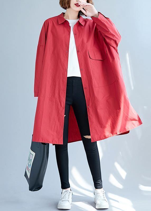 Big Pockets Cotton Red Long Sleeve Shirt Dresses Fall