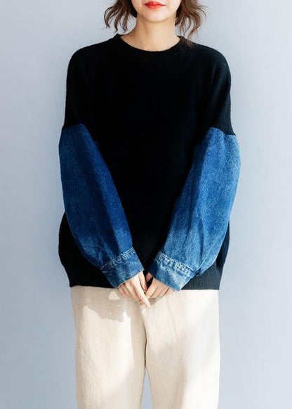 Black Blouse Patchwork Sleeve Winter Knitted Blouse