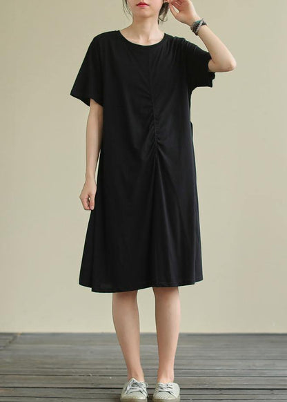 Black Cotton Clothes O Neck Cinched Oversized Summer Dresses