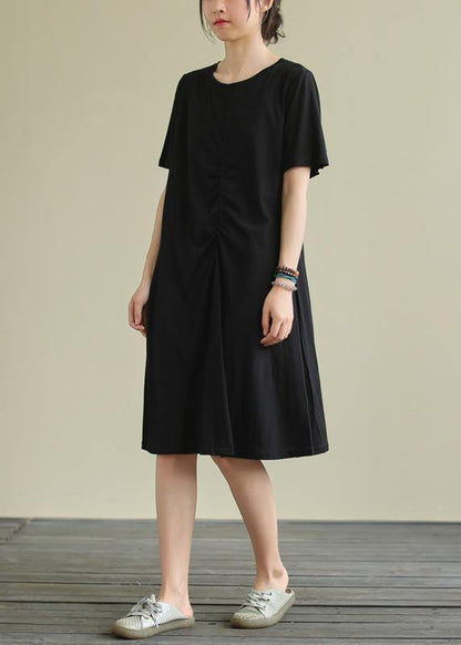 Black Cotton Clothes O Neck Cinched Oversized Summer Dresses