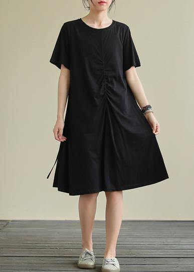 Black Cotton Clothes O Neck Cinched Oversized Summer Dresses