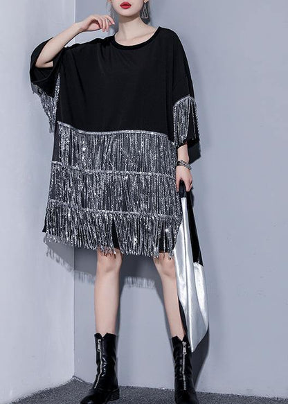 Black Cotton Dress O Neck Tassel Summer Dresses