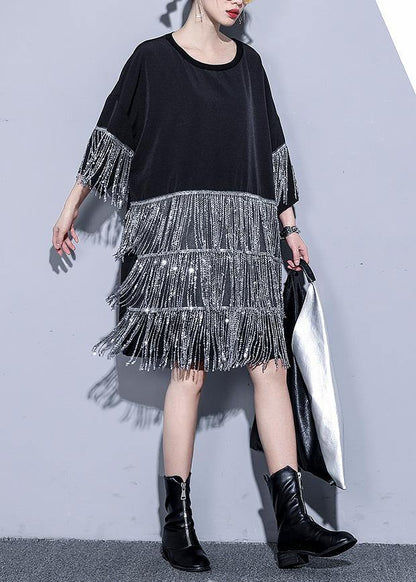 Black Cotton Dress O Neck Tassel Summer Dresses