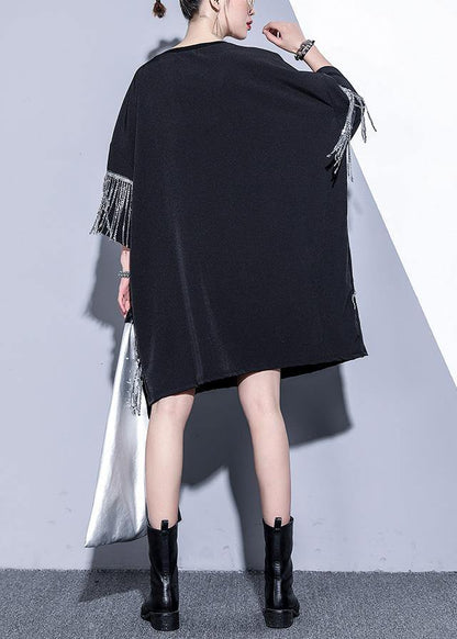 Black Cotton Dress O Neck Tassel Summer Dresses