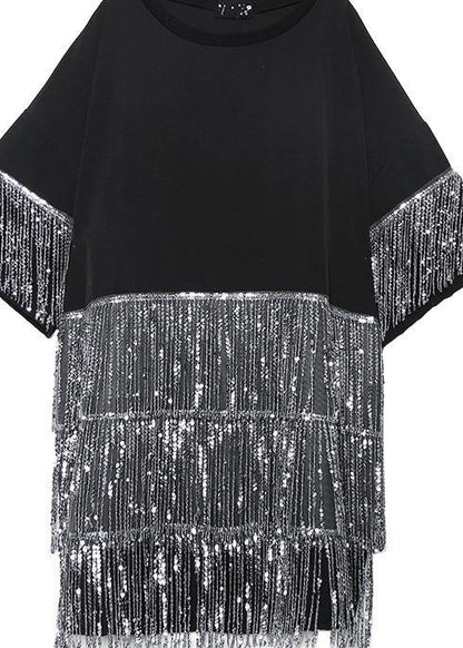 Black Cotton Dress O Neck Tassel Summer Dresses