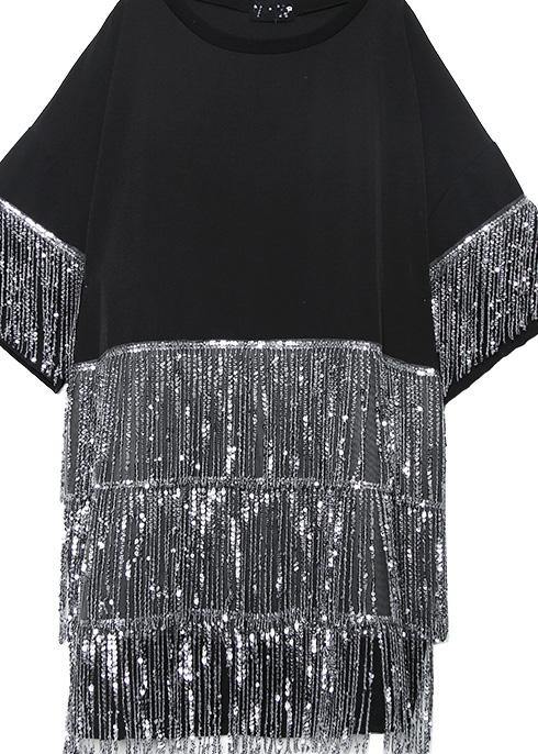 Black Cotton Dress O Neck Tassel Summer Dresses