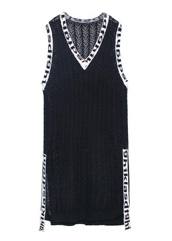 Black Letter Sweater Dresses Largo V Neck Side Open Art Knit Dress