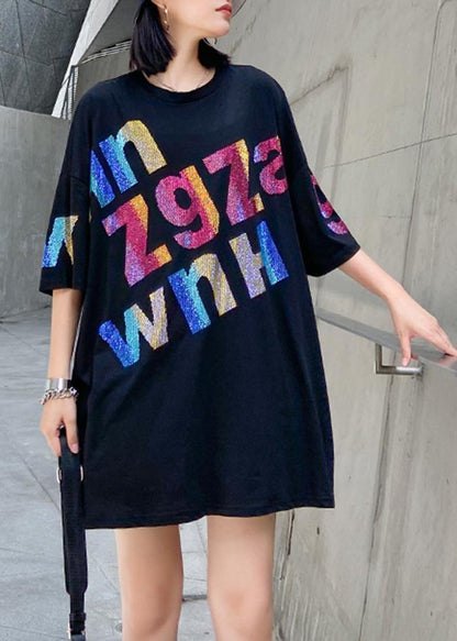 Black Letter Cotton Tunic Top O Neck Oversized Blouse