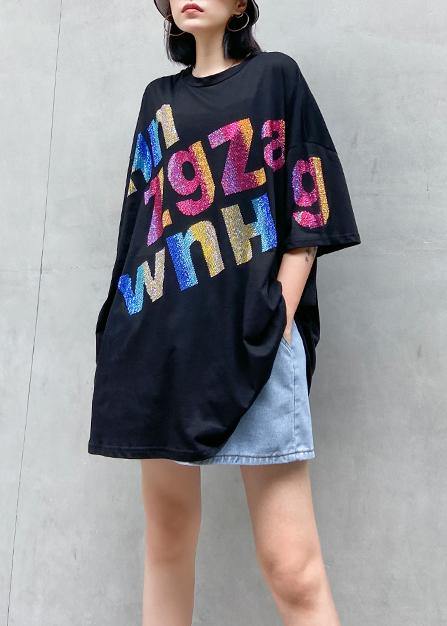 Black Letter Cotton Tunic Top O Neck Oversized Blouse
