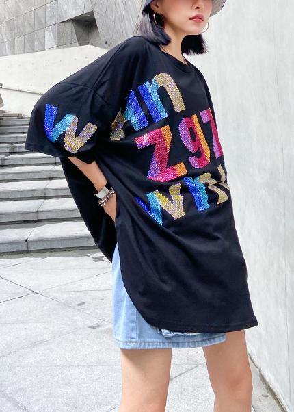 Black Letter Cotton Tunic Top O Neck Oversized Blouse