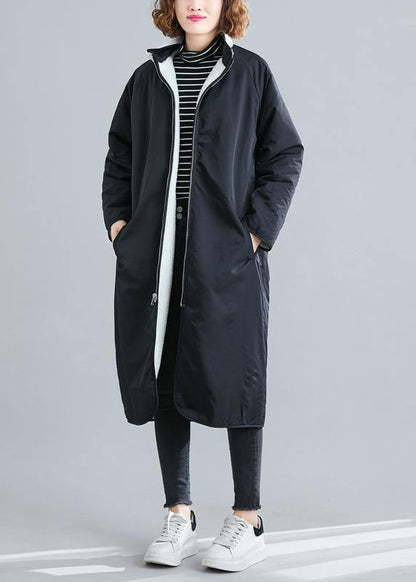 Black Coats Fabrics Zippered Patchwork Outwears