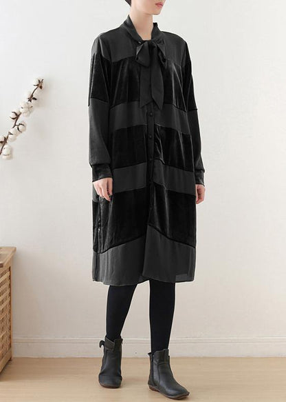 Black Tunics O Neck Patchwork Robes Fall Dresses