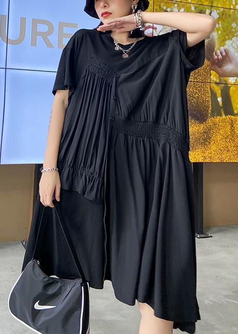 Black Tunics O Neck Cinched Maxi Asymmetric Dress