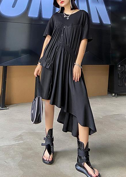 Black Tunics O Neck Cinched Maxi Asymmetric Dress