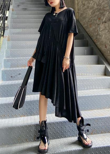 Black Tunics O Neck Cinched Maxi Asymmetric Dress