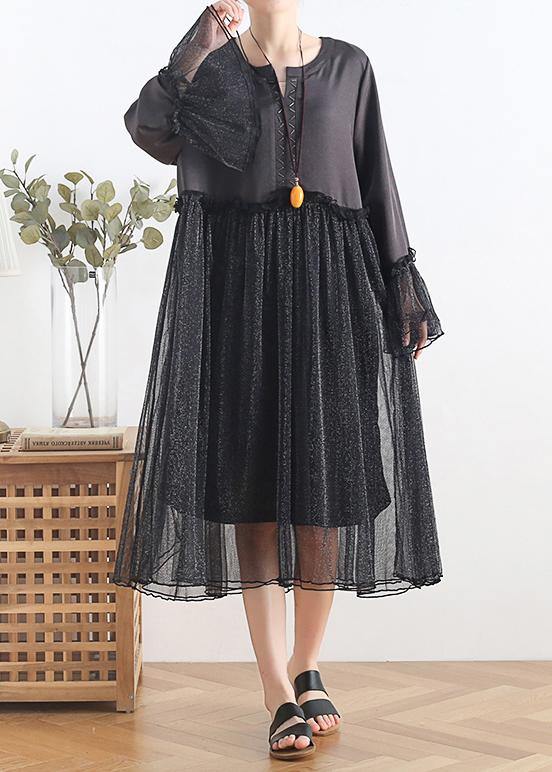 Black Chiffon Dress Long Outfits O Neck Petal Sleeve Summer Dress