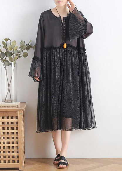 Black Chiffon Dress Long Outfits O Neck Petal Sleeve Summer Dress