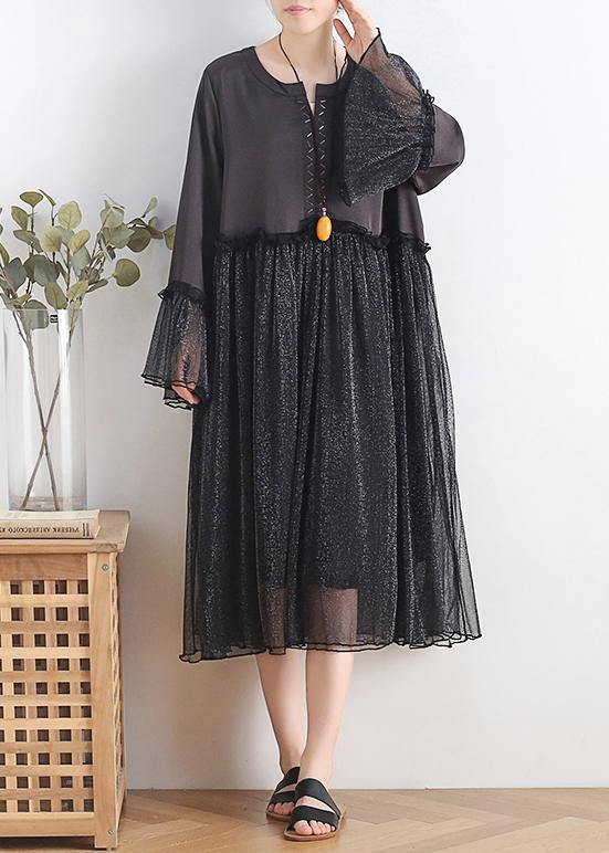 Black Chiffon Dress Long Outfits O Neck Petal Sleeve Summer Dress