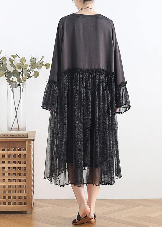Black Chiffon Dress Long Outfits O Neck Petal Sleeve Summer Dress
