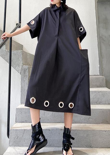 Black Cotton Tunics Lapel Patchwork Maxi Summer Dress