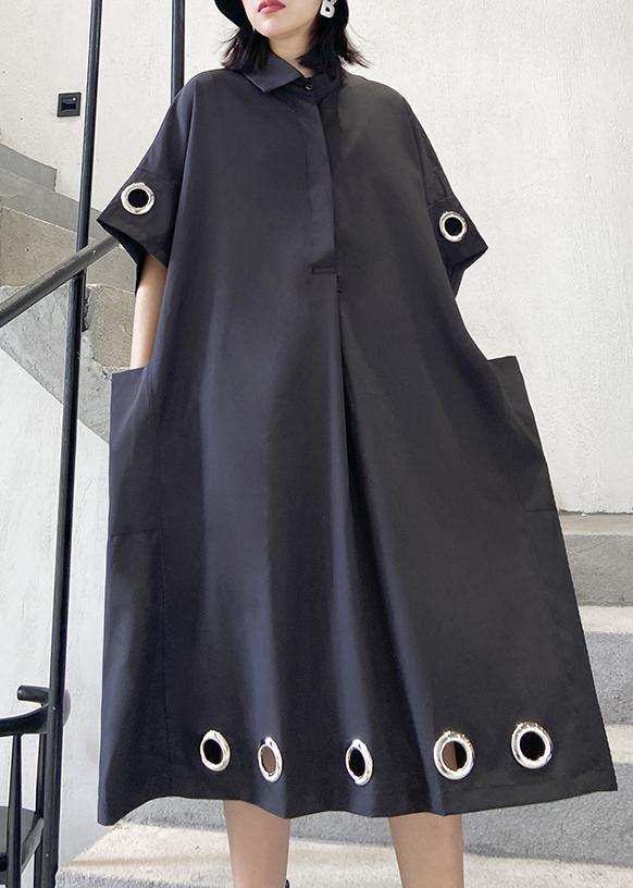 Black Cotton Tunics Lapel Patchwork Maxi Summer Dress