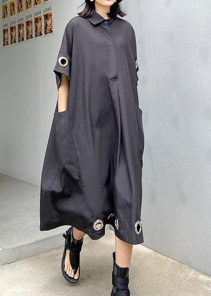 Black Cotton Tunics Lapel Patchwork Maxi Summer Dress