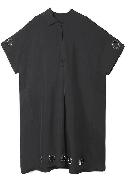 Black Cotton Tunics Lapel Patchwork Maxi Summer Dress