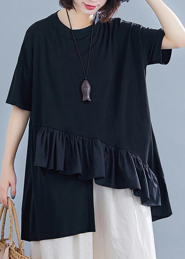 Black Cotton Clothes for Ruffles Asymmetric Midi Summer Blouses